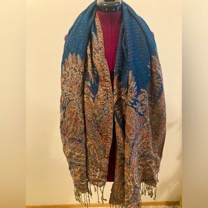 Dark blue teal and gold pashmina silk scarf